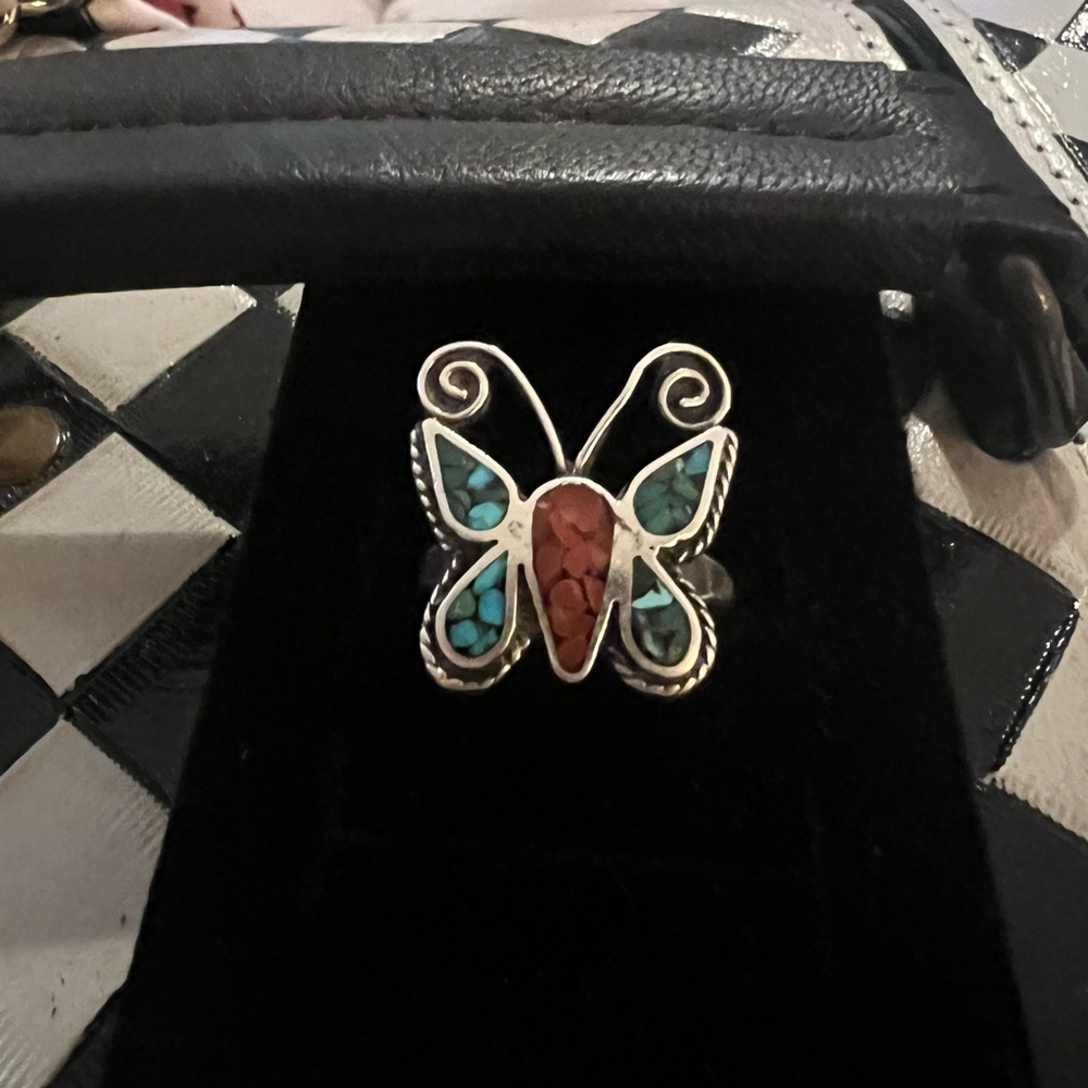 Butterfly Inlay Ring with Turquoise and Coral Accents - ANTIQUE